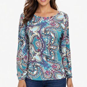 Chico's Paisley Boat Neck Knit Top Size 0 Small Teal Pink Long Sleeve